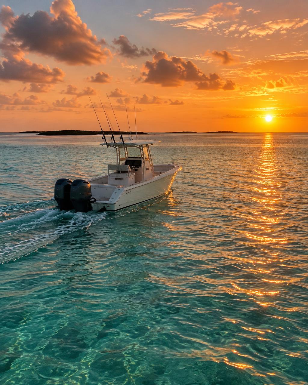 Boat running over shallow Bahamian water at sunset